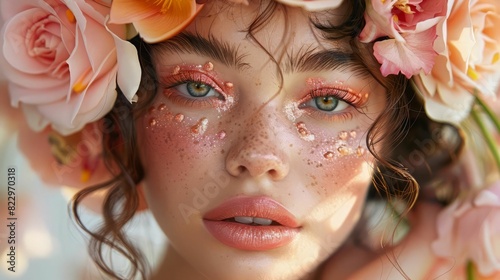 Close-up portrait of a beautiful young woman with bright creative make-up and fruit headpiece.