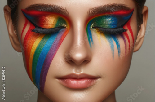 Face with Bold Rainbow Stripe Across Eyes Close-Up - Close-up of a person's face featuring a bold, single stripe of rainbow colors painted across both eyes, symbolizing unity and pride. © RockyCreative