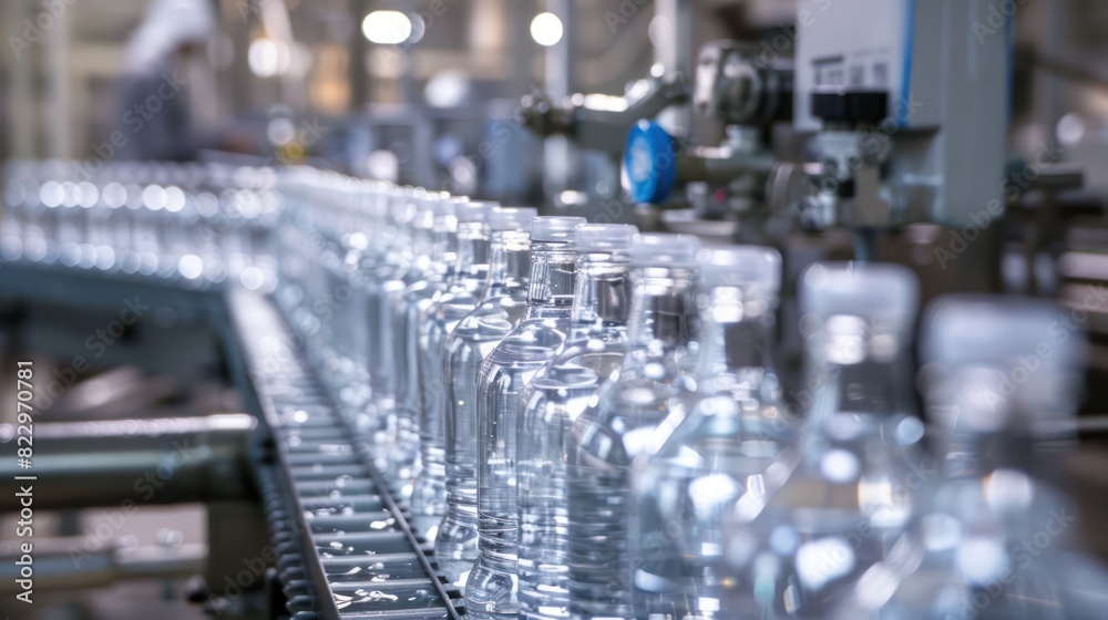 Process of packaging mineral water into bottles via a conveyer in a factory. Process of packaging mineral water into bottles via a conveyer in a factory.