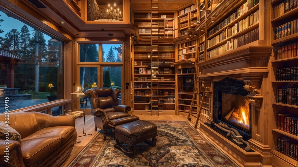 A luxurious home library with floor-to-ceiling shelves, a rolling ladder, and a cozy fireplace creates a perfect reading sanctuary. A luxurious home library with floor-to-ceiling shelves, a rolling ladder, and a cozy fireplace creates a perfect reading sanctuary.