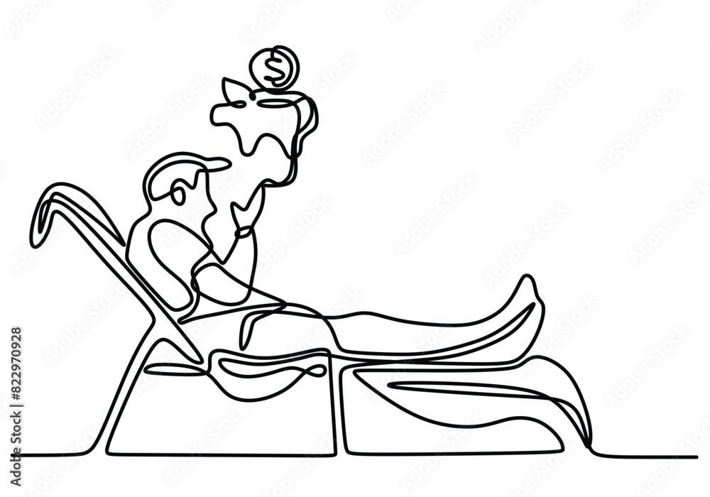 one continuous line drawing of person vacation with piggy bank coin. Concept of retirement and invest.
