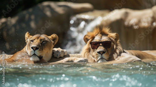 Humorous image of a lion wearing sunglasses with his lioness mate at the pool