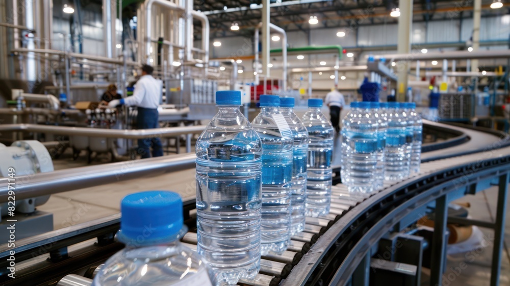 Process of packaging mineral water into bottles via a conveyer in a factory.