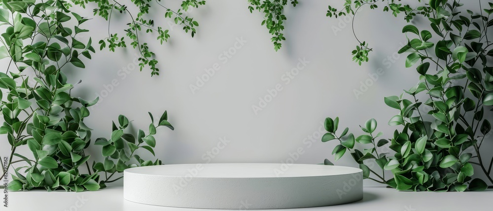 Minimalist white podium surrounded by lush green vines, perfect for product display or presentation backdrop. Minimalist white podium surrounded by lush green vines, perfect for product display or presentation backdrop.