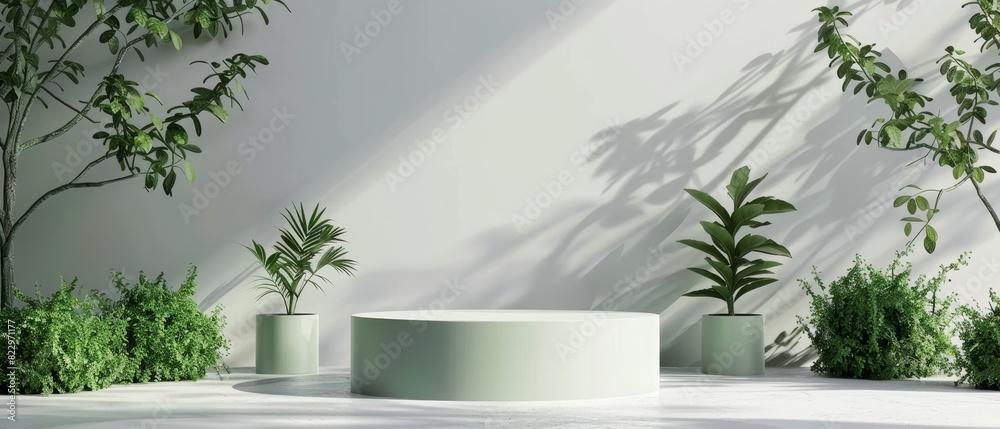 Minimalistic green podium surrounded by various plants in a modern indoor setting with natural light.