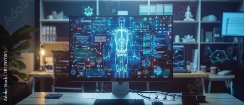 Modern medical research lab with a digital display of a human body and data analysis in progress, showcasing advanced technology and innovation.