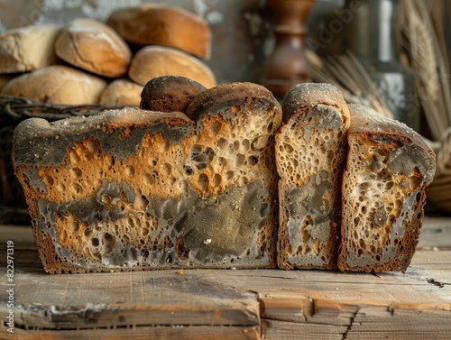 Close-up of sliced moldy bread on a rustic wooden table, showcasing the texture and decay. Perfect for representing food spoilage concepts.