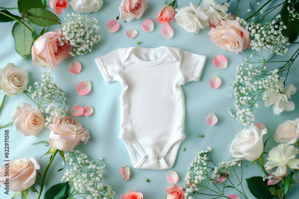 A beautifully styled composition featuring a plain white baby bodysuit surrounded by a variety of soft-hued roses and delicate baby's breath on a pastel blue background