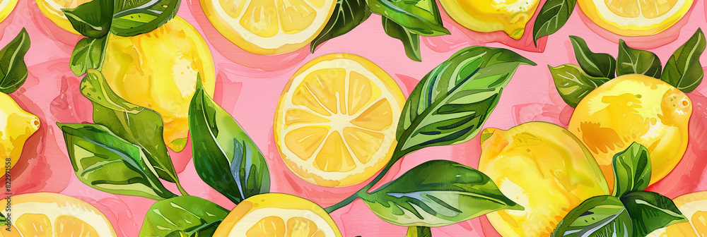 watercolor of lemons and leaves background, generative AI watercolor of lemons and leaves background, generative AI