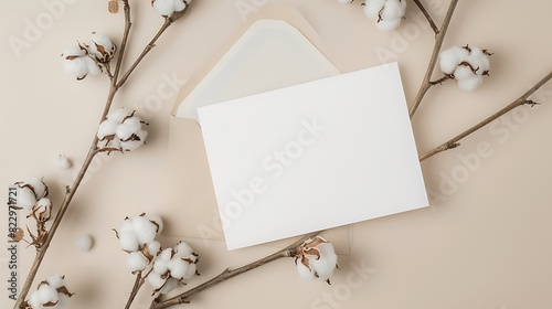 Holiday greeting card mockup with dried branch of cotton flowers and envelop on beige background, top view, flat lay. Empty white wedding invitation card mock up. Generative Ai