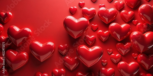many red volumetric glossy hearts on the right on a red background, background for Valentine's Day, March 8, banner, card, birthday
