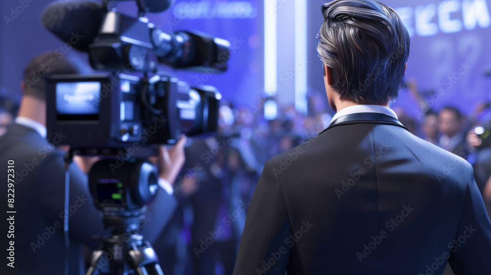 A man in a suit walks through a crowd of people, with cameramen capturing the moment.  The scene evokes a sense of celebrity, excitement, and media attention.