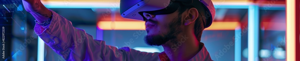 Man wearing VR headset, reaching out with hand, colorful background. Man wearing VR headset, reaching out with hand, colorful background.