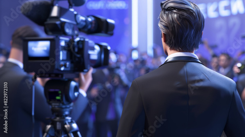 A man in a suit walks through a crowd of people, with cameramen capturing the moment. The scene evokes a sense of celebrity, excitement, and media attention.