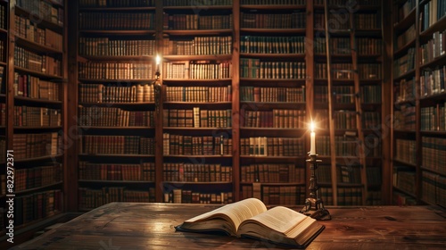 In a mysterious library, a flickering candle illuminates an open book on a weathered wooden desk. photo