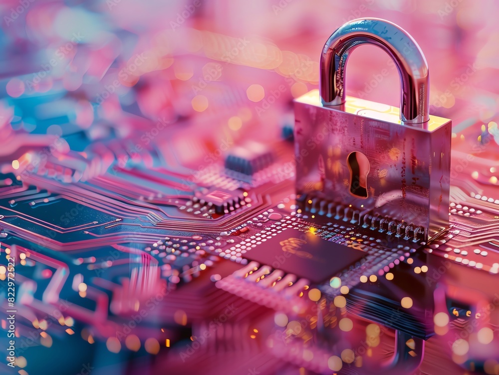Fototapeta premium A close-up of a padlock on a colorful circuit board symbolizing cybersecurity, data protection, and digital security.