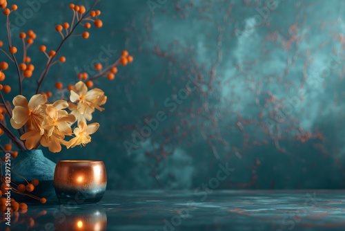 Lit candle with orange flowers in a vase against a teal background