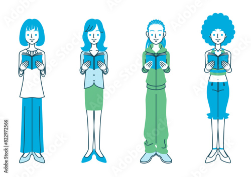 本を持つ女性の全身イラスト