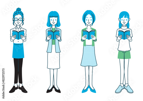 本を持つ女性の全身イラスト