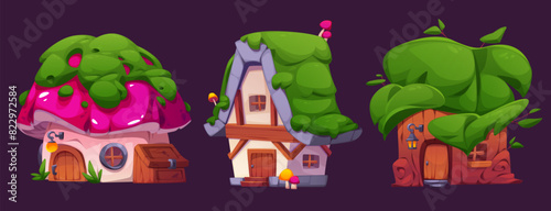 Fairytale village houses made from mushroom, tree stump, plants and moss. Cartoon vector illustration set of elf or animal tiny fantasy home building. Magic fairy gnome cottage with door and windows.