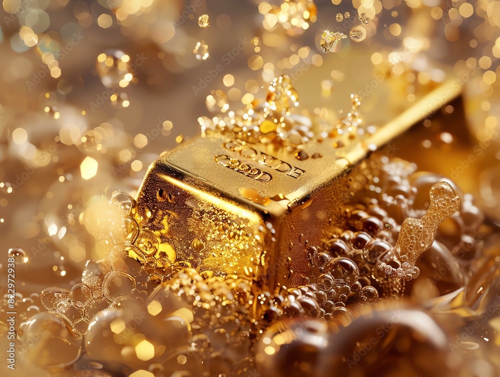 Close-up of a shiny gold bar surrounded by sparkling bubbles, representing wealth, luxury, and investment opportunities in a vibrant display.