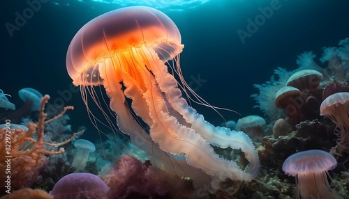 A Jellyfish In A Sea Of Glowing Marine Organisms Upscaled 2 2