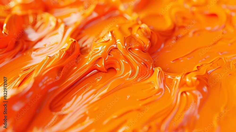 Close-up of vibrant orange paint texture, capturing the intricate details and dynamic movement of thickly applied paint strokes.