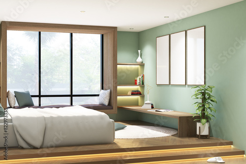 3d render of tatami bedroom with daybed window   lower desk  plant decoration and frames mock up. Wood parquet floor  green wall finish and white flat ceiling. Set 6