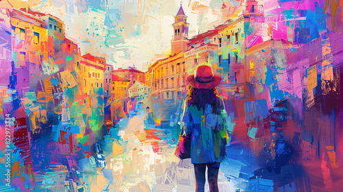 Illustration of a woman touring a famous city destination, rendered in a colorful and textured oil painting style photo