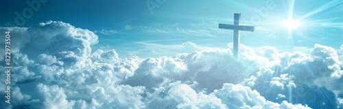 A cross floating in the clouds, with a white and blue color scheme, background image in the style of Christian web design. 