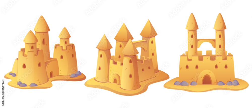 Sand castle sculptures set isolated on white background. Vector cartoon illustration of medieval fortress with tower on beach, stone decoration, childhood fun, summer vacation symbol, resort leisure