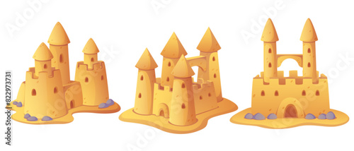Sand castle sculptures set isolated on white background. Vector cartoon illustration of medieval fortress with tower on beach, stone decoration, childhood fun, summer vacation symbol, resort leisure