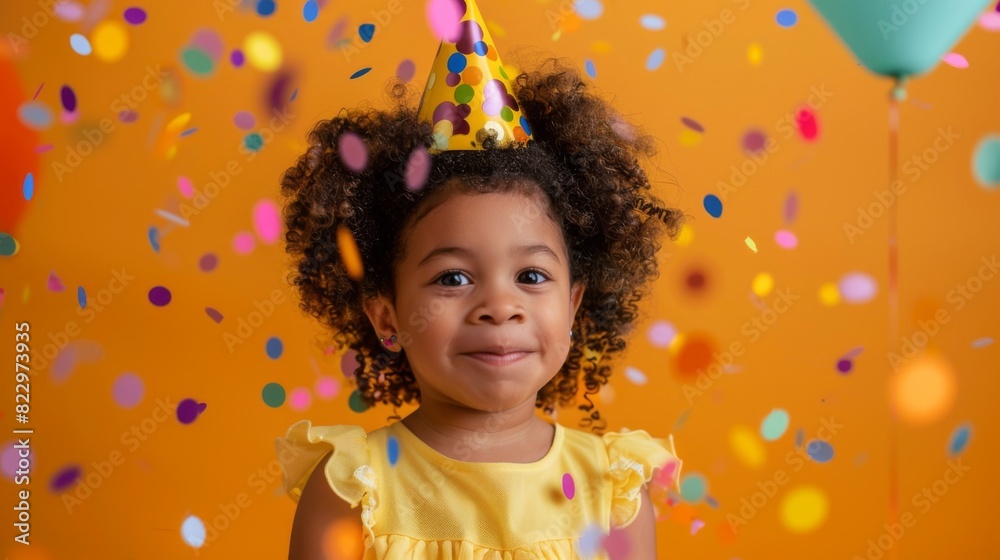 A little girl wearing a yellow party dress and birthday hat, celebrating her first day of school with confetti flying around her in the air, isolated on a plain orange background