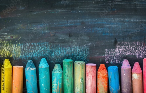 Colorful Chalk Sticks on Blackboard photo