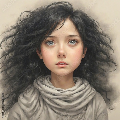 a young girl intense gaze with striking blue eyesa light-colored scarf. painting style photo