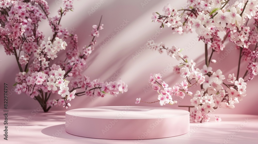 Background podium 3D spring flower product beauty pink display nature. 3D podium stand background scene floral mockup cosmetic white blossom summer abstract shadow platform minimal design render stage Background podium 3D spring flower product beauty pink display nature. 3D podium stand background scene floral mockup cosmetic white blossom summer abstract shadow platform minimal design render stage