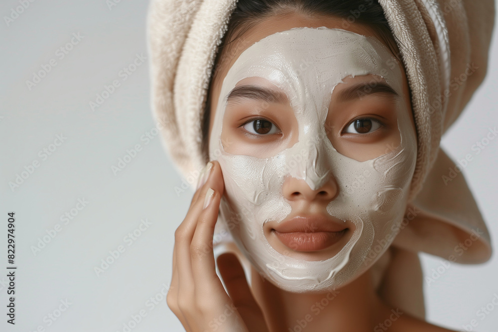 Asian woman with a white  face mask on her face. She is smiling and looking at the camera