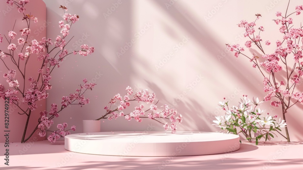 Background podium 3D spring flower product beauty pink display nature. 3D podium stand background scene floral mockup cosmetic white blossom summer abstract shadow platform minimal design render stage Background podium 3D spring flower product beauty pink display nature. 3D podium stand background scene floral mockup cosmetic white blossom summer abstract shadow platform minimal design render stage