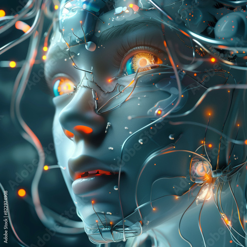 Hybrid girl-robot head with a glowing brain, neurons actively interacting, shining eyes, and seamlessly merging mechanical and human features. 