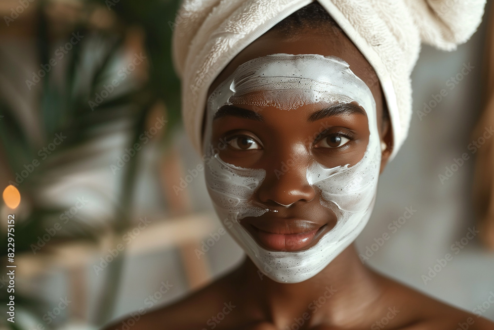 Fototapeta premium Black woman with a white towel on her head and a face mask on her face. She is smiling and looking at the camera