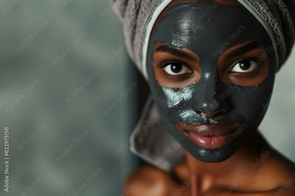 A woman with a black face mask on her face. She is wearing a towel around her head A woman with a black face mask on her face. She is wearing a towel around her head