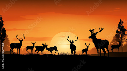 The vector illustration depicted a herd of wild animals in silhouette  their black forms standing majestically against the grass  capturing the essence of wildlife in nature.