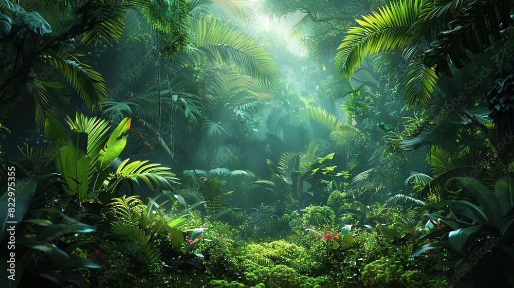 Dense jungle with thick vegetation and tropical plants Dense jungle with thick vegetation and tropical plants