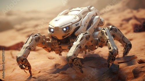 Oneeyed spider robot collecting samples on a rocky Marslike surface, top view, depicting scientific research, futuristic tone, Monochromatic Color Scheme photo