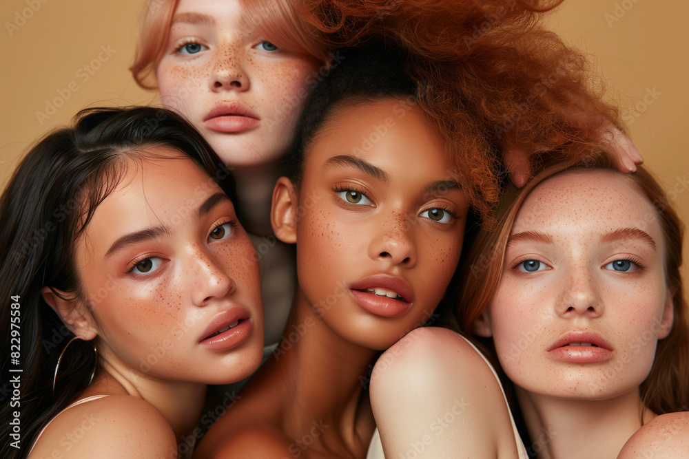 A group of women with different skin tones are posing for a photo. Scene is one of unity and diversity, as the women come together to celebrate their differences and similarities A group of women with different skin tones are posing for a photo. Scene is one of unity and diversity, as the women come together to celebrate their differences and similarities