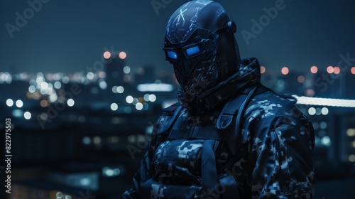 Precision android in urban camouflage on a rooftop at dusk, front view, symbolizing stealth and accuracy, technology tone, Analogous Color Scheme © Saranpong