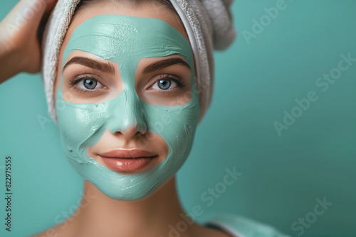A woman with a green face mask on her face. She is smiling and looking at the camera