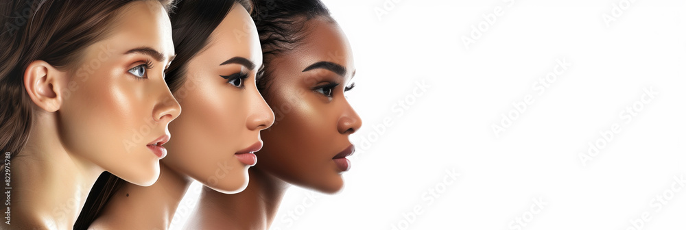 Three women with different skin tones stand side by side. The image conveys a message of diversity and inclusivity, celebrating the beauty of different skin colors Three women with different skin tones stand side by side. The image conveys a message of diversity and inclusivity, celebrating the beauty of different skin colors