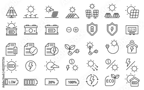 Solar panels icons set. solar energy flat simple for infographics design. Invertor, photovoltaic, energy outline vector, SVG vector illustration.