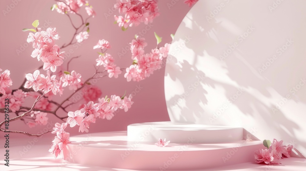 Background podium 3D spring flower product beauty pink display nature. 3D podium stand background scene floral mockup cosmetic white blossom summer abstract shadow platform minimal design render stage Background podium 3D spring flower product beauty pink display nature. 3D podium stand background scene floral mockup cosmetic white blossom summer abstract shadow platform minimal design render stage
